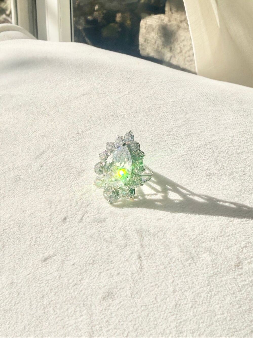 Cubic Zirconia Pear Cut Cluster Cocktail Ring Silver Tone Statement Ring